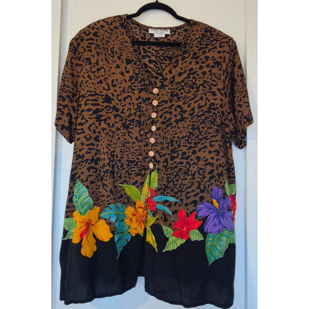 Vintage Leopard Print Tropical Floral Rayon Blouse L Vacation Resort Maximalist